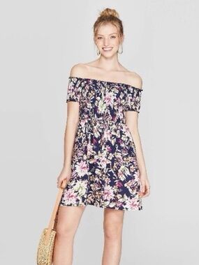 Navy Floral Off the Shoulder Dress - Pink & Cream Flowers